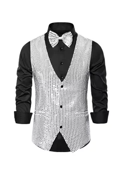 Brand new 😉 Lars Amadeus Men's Sequin Waistcoat Shiny Sleeveless Party Prom 👗 Dress Suit Vest with Bow Tie ❤️