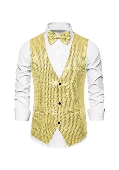 Brand new 😉 Lars Amadeus Men's Sequin Waistcoat Shiny Sleeveless Party Prom 👗 Dress Suit Vest with Bow Tie ❤️ -Cheap Lars Amadeus Shop Belk 1720