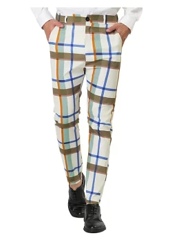Outlet ⭐ Lars Amadeus Men's Formal Trousers Color Block Slim Fit Flat Front Plaid 👗 Dress Pants 🔔