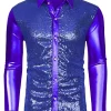 Best Pirce 😀 Lars Amadeus Men's Sequin 👗 Dress 👕 Shirt Button Down 70s Disco Party Sparkly Metallic 👕 Shirt 🎉