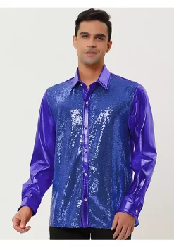 Best Pirce 😀 Lars Amadeus Men's Sequin 👗 Dress 👕 Shirt Button Down 70s Disco Party Sparkly Metallic 👕 Shirt 🎉 -Cheap Lars Amadeus Shop Belk 2095