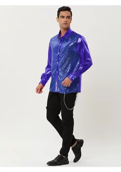 Best Pirce 😀 Lars Amadeus Men's Sequin 👗 Dress 👕 Shirt Button Down 70s Disco Party Sparkly Metallic 👕 Shirt 🎉 -Cheap Lars Amadeus Shop Belk 2096