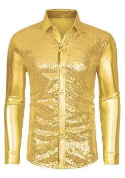 Best Pirce 😀 Lars Amadeus Men's Sequin 👗 Dress 👕 Shirt Button Down 70s Disco Party Sparkly Metallic 👕 Shirt 🎉 -Cheap Lars Amadeus Shop Belk 2098