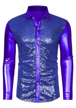 Best Pirce 😀 Lars Amadeus Men's Sequin 👗 Dress 👕 Shirt Button Down 70s Disco Party Sparkly Metallic 👕 Shirt 🎉 -Cheap Lars Amadeus Shop Belk 2099