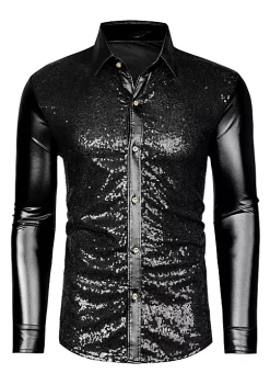 Best Pirce 😀 Lars Amadeus Men's Sequin 👗 Dress 👕 Shirt Button Down 70s Disco Party Sparkly Metallic 👕 Shirt 🎉 -Cheap Lars Amadeus Shop Belk 2100