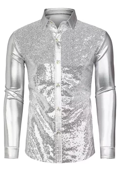 Best Pirce 😀 Lars Amadeus Men's Sequin 👗 Dress 👕 Shirt Button Down 70s Disco Party Sparkly Metallic 👕 Shirt 🎉 -Cheap Lars Amadeus Shop Belk 2101