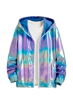 Hot Sale 🔔 Lars Amadeus Men's Metallic Jacket Lightweight Zip Up Holographic Shiny Hooded Jackets ⌛