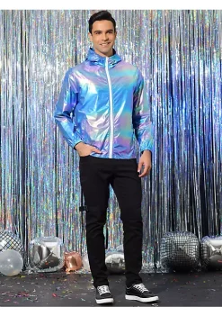 Hot Sale 🔔 Lars Amadeus Men's Metallic Jacket Lightweight Zip Up Holographic Shiny Hooded Jackets ⌛ -Cheap Lars Amadeus Shop Belk 2275