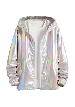Hot Sale 🔔 Lars Amadeus Men's Metallic Jacket Lightweight Zip Up Holographic Shiny Hooded Jackets ⌛ -Cheap Lars Amadeus Shop Belk 2277