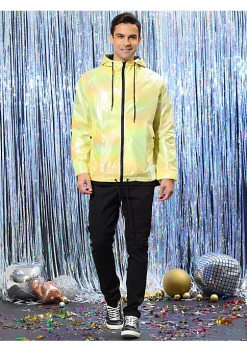 Promo 😉 Lars Amadeus Men's Holographic Jacket Lightweight Zipper Metallic Shiny Hoodie Windbreaker 🌟 -Cheap Lars Amadeus Shop Belk 2409