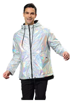 Promo 😉 Lars Amadeus Men's Holographic Jacket Lightweight Zipper Metallic Shiny Hoodie Windbreaker 🌟 -Cheap Lars Amadeus Shop Belk 2412