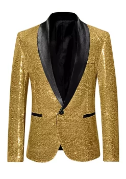 Best Sale 🤩 Lars Amadeus Men's Sequin Sport 🧥 Coats Shawl Lapel One Button Tuxedo Wedding Shiny Blazer 🔥