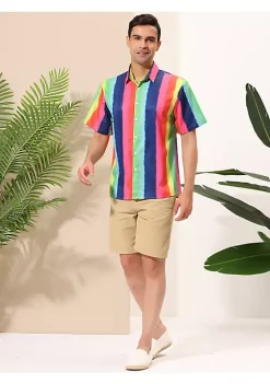 Cheapest 💯 Lars Amadeus Men's ☀️ Summer Rainbow Stripe Print 👕 Shirt Short Sleeve Button Down 👕 Shirts 🧨 -Cheap Lars Amadeus Shop Belk 2595