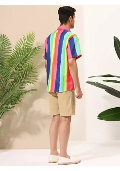 Cheapest 💯 Lars Amadeus Men's ☀️ Summer Rainbow Stripe Print 👕 Shirt Short Sleeve Button Down 👕 Shirts 🧨 -Cheap Lars Amadeus Shop Belk 2596