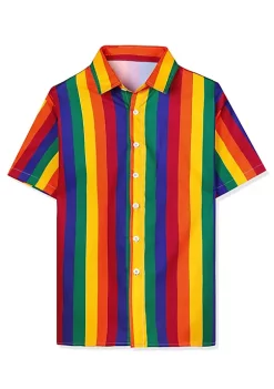 Cheapest 💯 Lars Amadeus Men's ☀️ Summer Rainbow Stripe Print 👕 Shirt Short Sleeve Button Down 👕 Shirts 🧨 -Cheap Lars Amadeus Shop Belk 2600