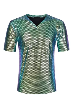 Cheap Lars Amadeus Shop 38 New โ Lars Amadeus Men's Metallic Shiny Nightclub V Neck Short Sleeve Slim Fit Party Disco T-Shirt โ