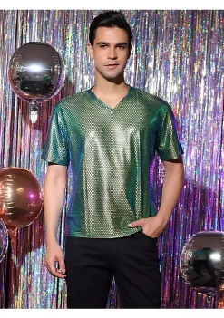 New ⌛ Lars Amadeus Men's Metallic Shiny Nightclub V Neck Short Sleeve Slim Fit Party Disco T-Shirt ⌛ -Cheap Lars Amadeus Shop Belk 2679