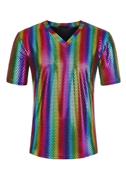 New ⌛ Lars Amadeus Men's Metallic Shiny Nightclub V Neck Short Sleeve Slim Fit Party Disco T-Shirt ⌛ -Cheap Lars Amadeus Shop Belk 2682
