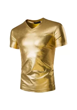 New ⌛ Lars Amadeus Men's Metallic Shiny Nightclub V Neck Short Sleeve Slim Fit Party Disco T-Shirt ⌛ -Cheap Lars Amadeus Shop Belk 2684