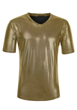 New ⌛ Lars Amadeus Men's Metallic Shiny Nightclub V Neck Short Sleeve Slim Fit Party Disco T-Shirt ⌛ -Cheap Lars Amadeus Shop Belk 2685