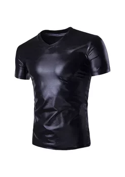 New ⌛ Lars Amadeus Men's Metallic Shiny Nightclub V Neck Short Sleeve Slim Fit Party Disco T-Shirt ⌛ -Cheap Lars Amadeus Shop Belk 2686