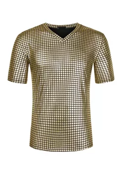 New ⌛ Lars Amadeus Men's Metallic Shiny Nightclub V Neck Short Sleeve Slim Fit Party Disco T-Shirt ⌛ -Cheap Lars Amadeus Shop Belk 2687