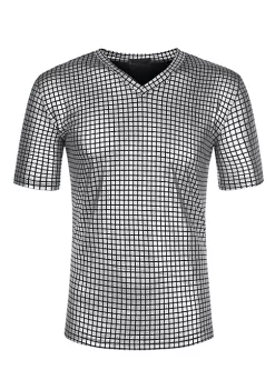 New ⌛ Lars Amadeus Men's Metallic Shiny Nightclub V Neck Short Sleeve Slim Fit Party Disco T-Shirt ⌛ -Cheap Lars Amadeus Shop Belk 2688