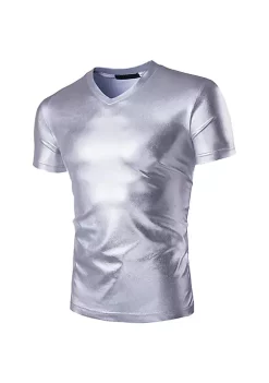 New ⌛ Lars Amadeus Men's Metallic Shiny Nightclub V Neck Short Sleeve Slim Fit Party Disco T-Shirt ⌛ -Cheap Lars Amadeus Shop Belk 2689