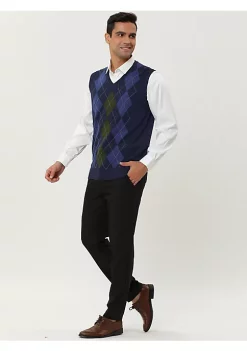 Outlet 💯 Lars Amadeus Men's Casual Argyle Vest Sweater V Neck Slim Fit Sleeveless Knit Pullover ❤️ -Cheap Lars Amadeus Shop Belk 304
