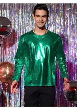 Coupon ⭐ Lars Amadeus Men's Metallic T-Shirt Round Neck Long Sleeves Shining Disco Tee Top 🎁 -Cheap Lars Amadeus Shop Belk 3078