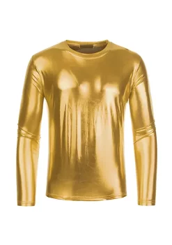 Coupon ⭐ Lars Amadeus Men's Metallic T-Shirt Round Neck Long Sleeves Shining Disco Tee Top 🎁 -Cheap Lars Amadeus Shop Belk 3082