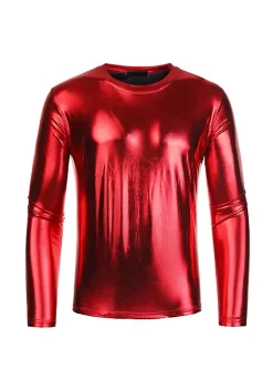 Coupon ⭐ Lars Amadeus Men's Metallic T-Shirt Round Neck Long Sleeves Shining Disco Tee Top 🎁 -Cheap Lars Amadeus Shop Belk 3083