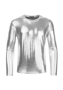 Coupon ⭐ Lars Amadeus Men's Metallic T-Shirt Round Neck Long Sleeves Shining Disco Tee Top 🎁 -Cheap Lars Amadeus Shop Belk 3084