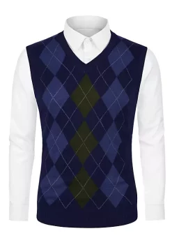 Outlet 💯 Lars Amadeus Men's Casual Argyle Vest Sweater V Neck Slim Fit Sleeveless Knit Pullover ❤️ -Cheap Lars Amadeus Shop Belk 309