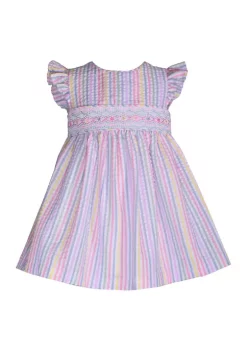 Promo 👍 Bonnie Jean Baby 👧 Girls Short Sleeve Rainbow Smocked 👗 Dress 🔥