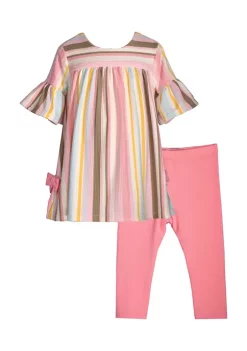 New 😀 Bonnie Jean Baby 👧 Girls Short Flounce Sleeve Stripe Bow Knit Set 💯