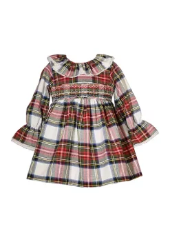 Best deal 🧨 Bonnie Jean Toddler 👧 Girls Long Sleeve Plaid Smocked 👗 Dress 😀