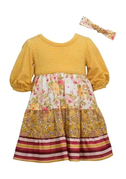 Outlet 👏 Bonnie Jean Toddler 👧 Girls Puff Sleeve Mixed Print Tiered 👗 Dress with Headband 🎉