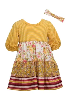 New 😍 Bonnie Jean Baby 👧 Girls Puff Sleeve Mixed Print Tiered 👗 Dress with Headband ✨