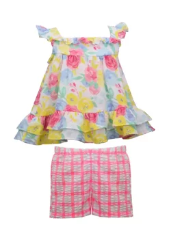 Cheap Lars Amadeus Shop 2 Discount ๐ Bonnie Jean ๐ง Girls 4-6x Floral Gauze Top to Seersucker Short Set ๐