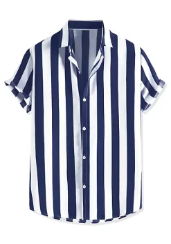 Hot Sale 🎉 Lars Amadeus Men's Stripe 👕 Shirt Short Sleeved Color Block Button Down Beach 👕 Shirt 🎉