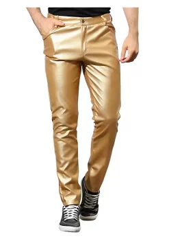 Discount 🎁 Lars Amadeus Men's Metallic Pants Slim Fit Night Club Disco Shiny Faux Leather Pants 😉