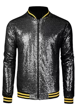 Discount 🤩 Lars Amadeus Men's Varsity Jacket Party Disco Shiny Sparkly Glitter Sequins Bomber Jacket 💯 -Cheap Lars Amadeus Shop Belk 634