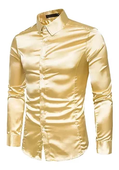 Best Sale 😍 Lars Amadeus Men's Satin Point Collar Long Sleeve Button Down Slim Fit 👗 Dress 👕 Shirts ✨
