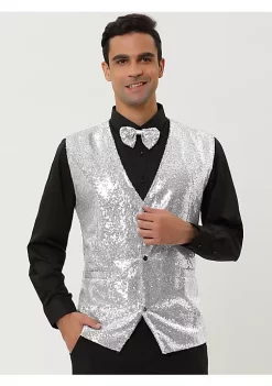 Budget 🔔 Lars Amadeus Men's Sequin Shiny Slim Fit Vest Sleeveless Suit Waistcoat Set with Bow Tie 🎉 -Cheap Lars Amadeus Shop Belk 751