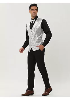 Budget 🔔 Lars Amadeus Men's Sequin Shiny Slim Fit Vest Sleeveless Suit Waistcoat Set with Bow Tie 🎉 -Cheap Lars Amadeus Shop Belk 752