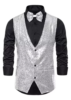 Budget 🔔 Lars Amadeus Men's Sequin Shiny Slim Fit Vest Sleeveless Suit Waistcoat Set with Bow Tie 🎉 -Cheap Lars Amadeus Shop Belk 754