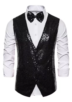 Budget 🔔 Lars Amadeus Men's Sequin Shiny Slim Fit Vest Sleeveless Suit Waistcoat Set with Bow Tie 🎉 -Cheap Lars Amadeus Shop Belk 755