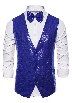 Budget 🔔 Lars Amadeus Men's Sequin Shiny Slim Fit Vest Sleeveless Suit Waistcoat Set with Bow Tie 🎉 -Cheap Lars Amadeus Shop Belk 756