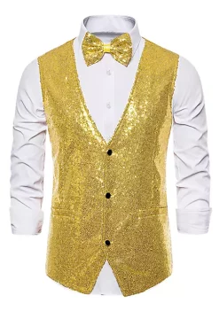 Budget 🔔 Lars Amadeus Men's Sequin Shiny Slim Fit Vest Sleeveless Suit Waistcoat Set with Bow Tie 🎉 -Cheap Lars Amadeus Shop Belk 757